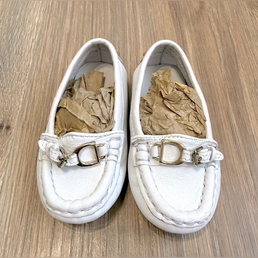 Ralph Lauren Baby Loafers White Leather Gold Bit Buckle Size 4